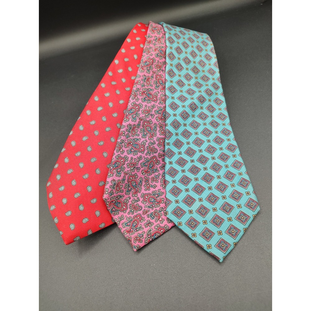 Fraser Thomson & Sons Mens Silk Necktie Lot of 3 Paisley Geometric Red Pink Teal